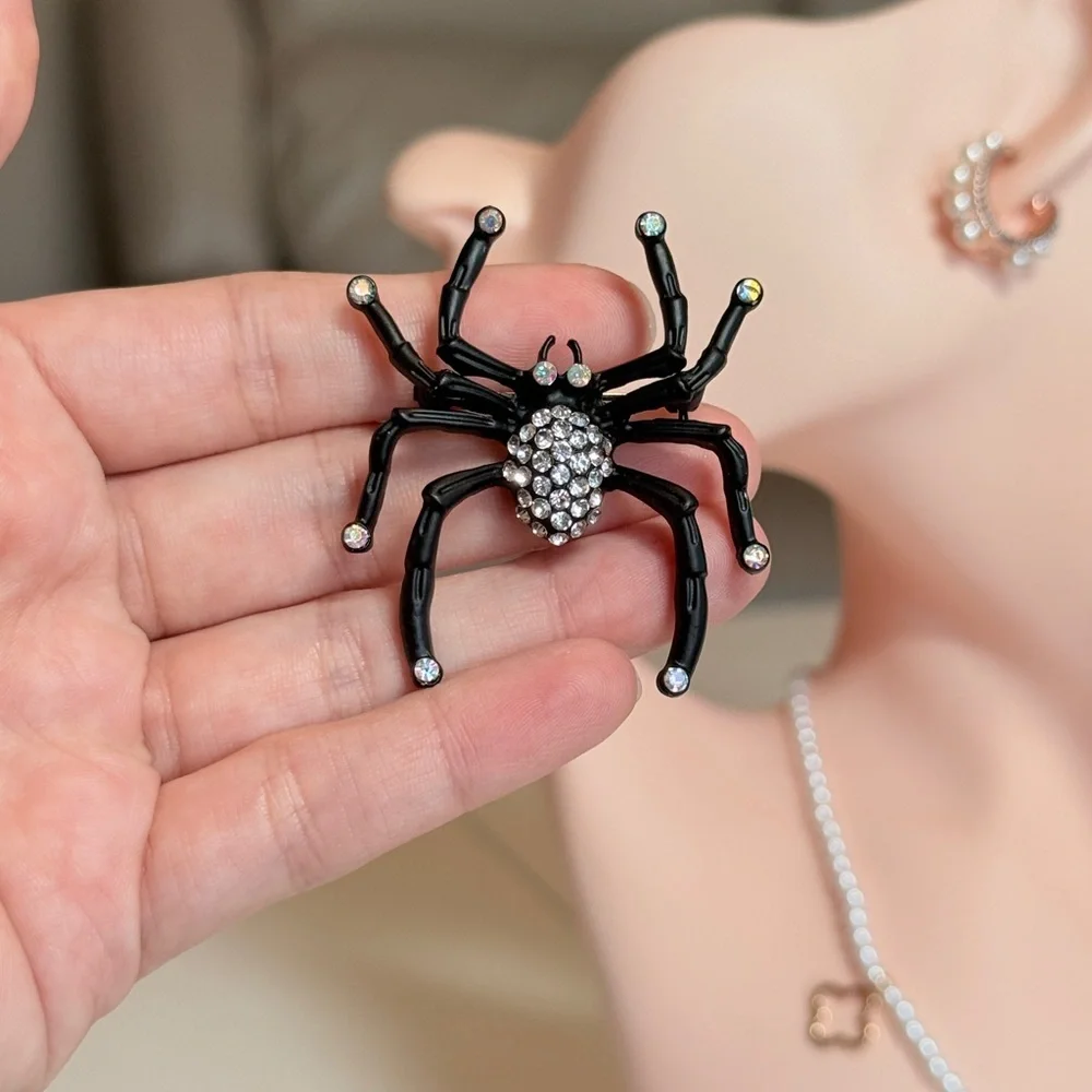 Black Crystal Spider Brooch - Rhinestone Accent